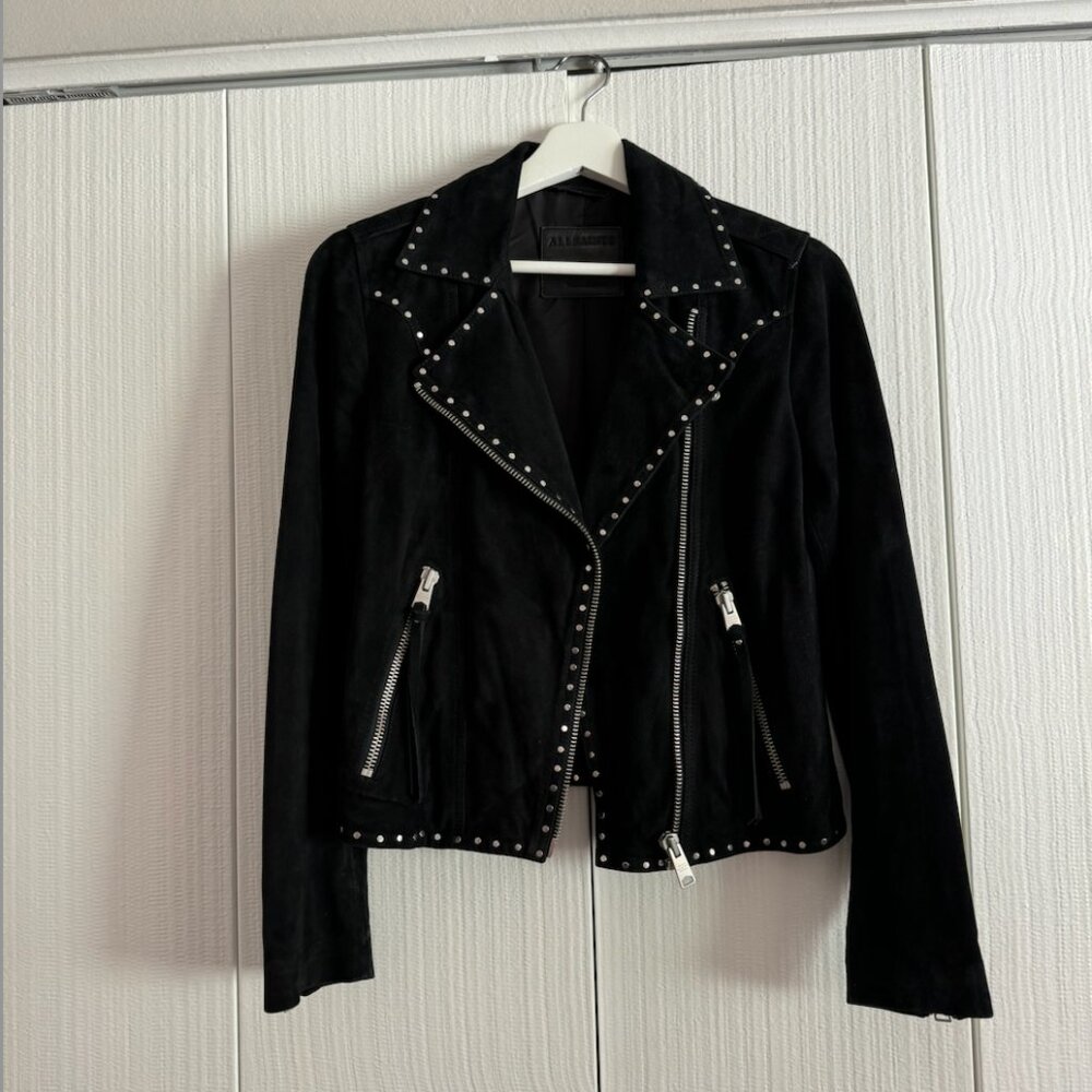 All Saints Dalby Western Biker Suede Jacket | Women's Size 4 | Black & Silver